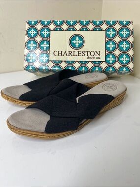 CHARLESTON SHOE CO. Black Crisscross Wedge Mules Women’s US 7- EU 38 New In Box.
